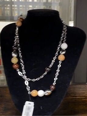 Fossil Silver Chain Necklace with Brown, Cream and Black Beads NWT